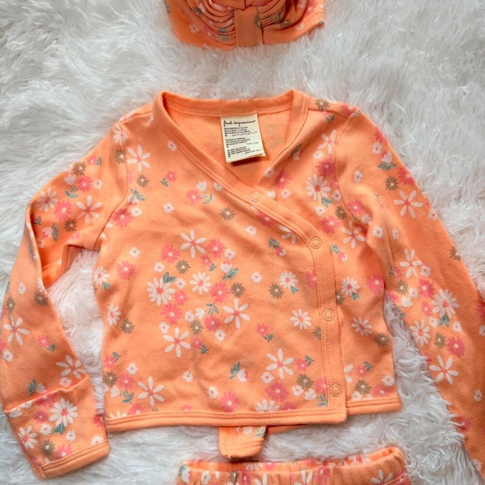 Floral Baby Outfit Set 3 Piece Orange Top + Pants + Hat 6-9M - Picture 3 of 9